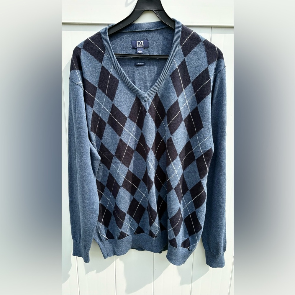 Cutter & buck mens v-neck argyle blue sweater size L